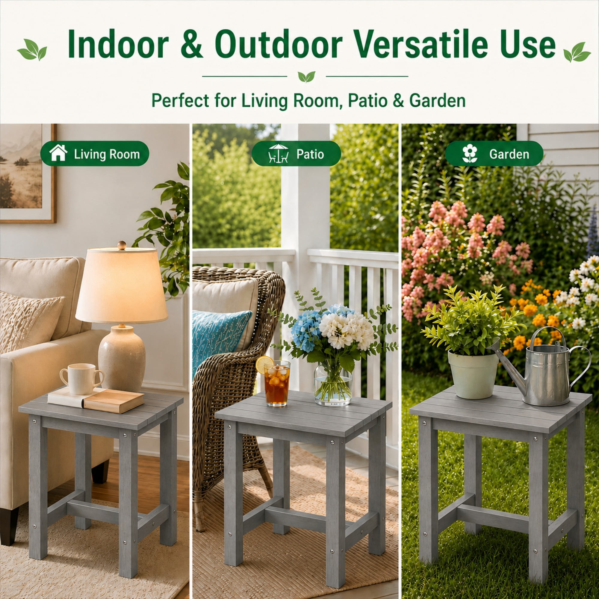 Y&M Outdoor Side Table, HDPE Patio End Table for Adirondack Chair, Weather Resistant Small Accent Table, Gray, Single Layer