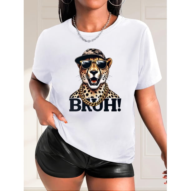 Chic Lion Print Women's T-Shirt - Casual Round Neck, Short Sleeve Top, Breathable Polyester, Machine Washable - Perfect for Spring/Summer/Fall