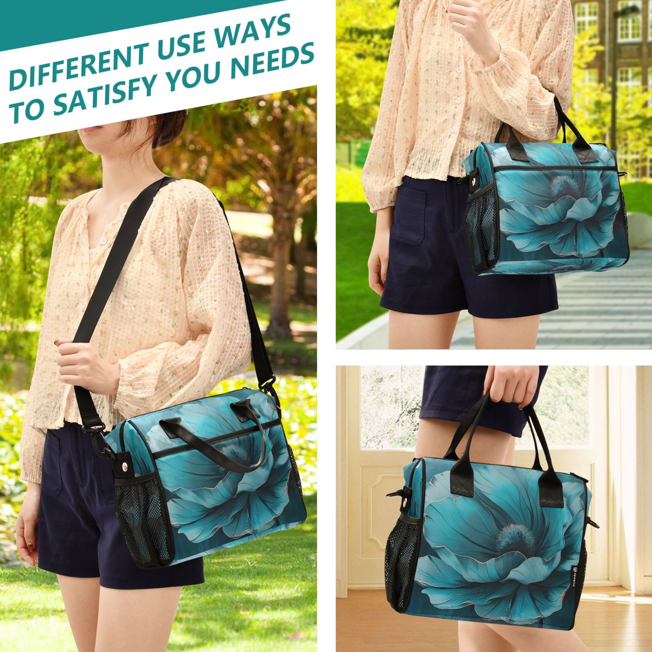 ALAZA Teal Flower Insulated Lunch Bag Reusable Tote Box Adjustable Shoulder Strap for Work Picnic