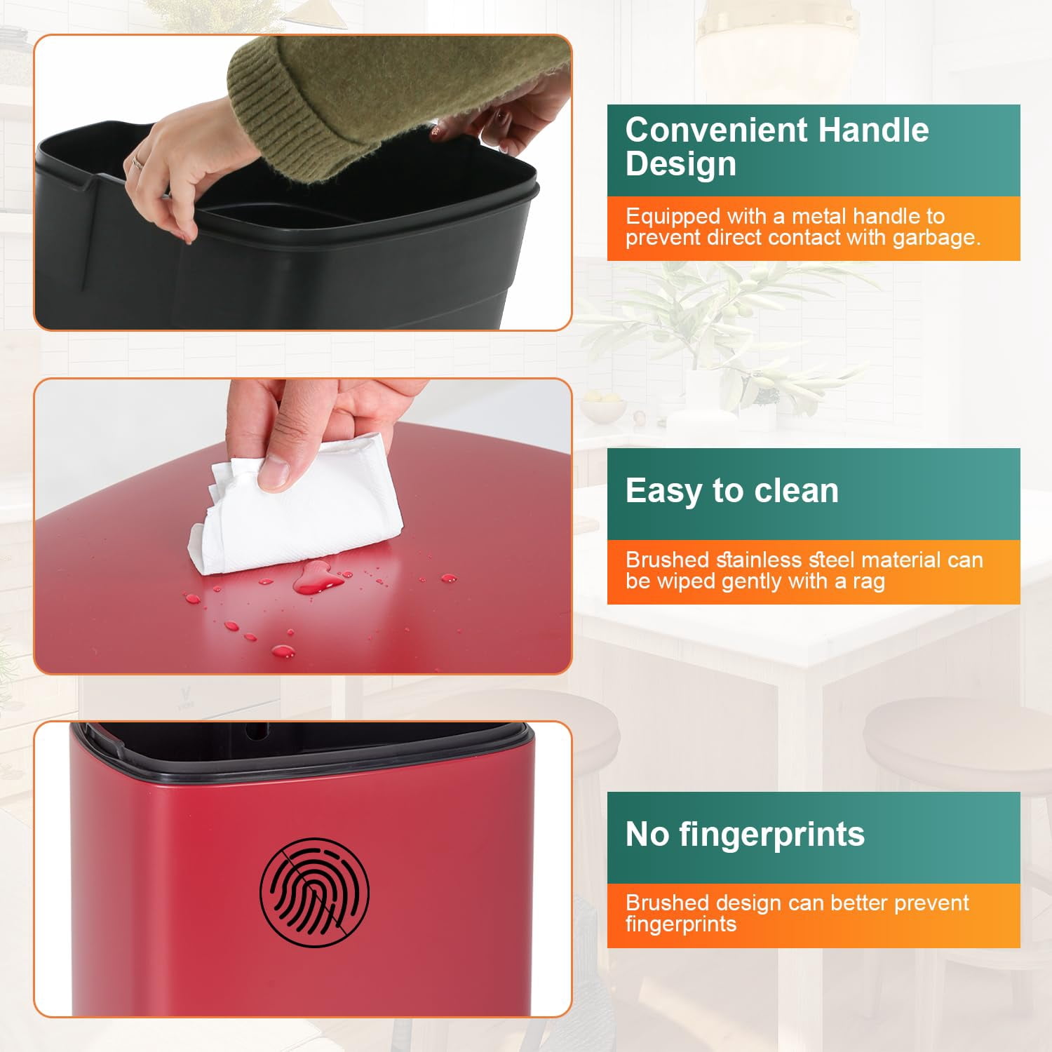 PayLessHere 13Gal Red Trash Can - Stainless Steel w/Foot Pedal & Soft Close
