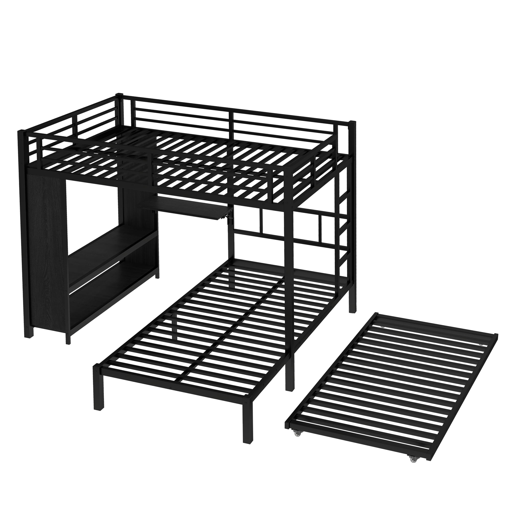 Full over Twin Bunk Bed with Built-in Wardrobe, Metal Bunk Bed with Trundle, Foldable Desk, Ladders, Black