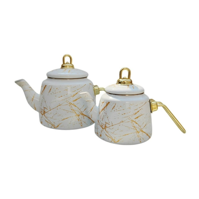 veasfak 2Pcs Enamel Tea Pot Set Easy to Clean Tea Jug for Home Use Kitchen Tea House White