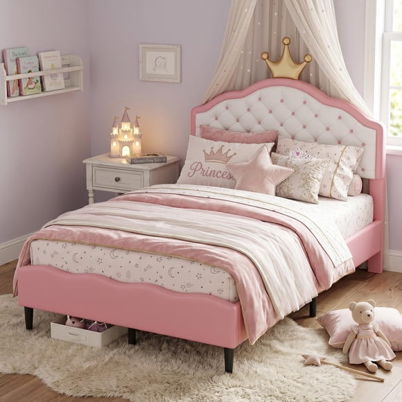 Homy Casa Full Size Princess Bed with Crown Headboard, Pink PU Leather, Sturdy Wood Frame, Kids Bedroom Furniture, Easy Assembly