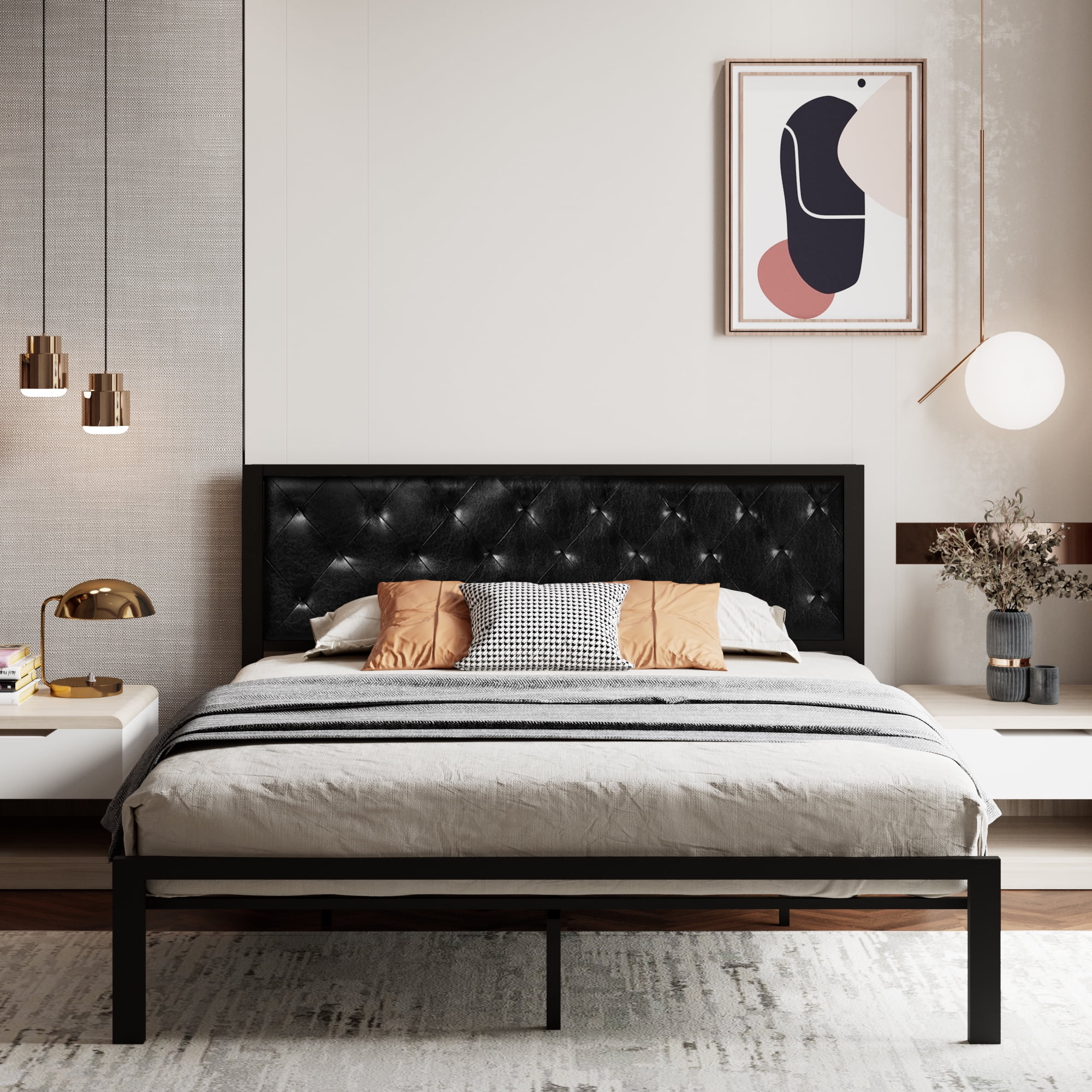Sha Cerlin King Size Metal Platform Bed Frame with Faux Leather ...