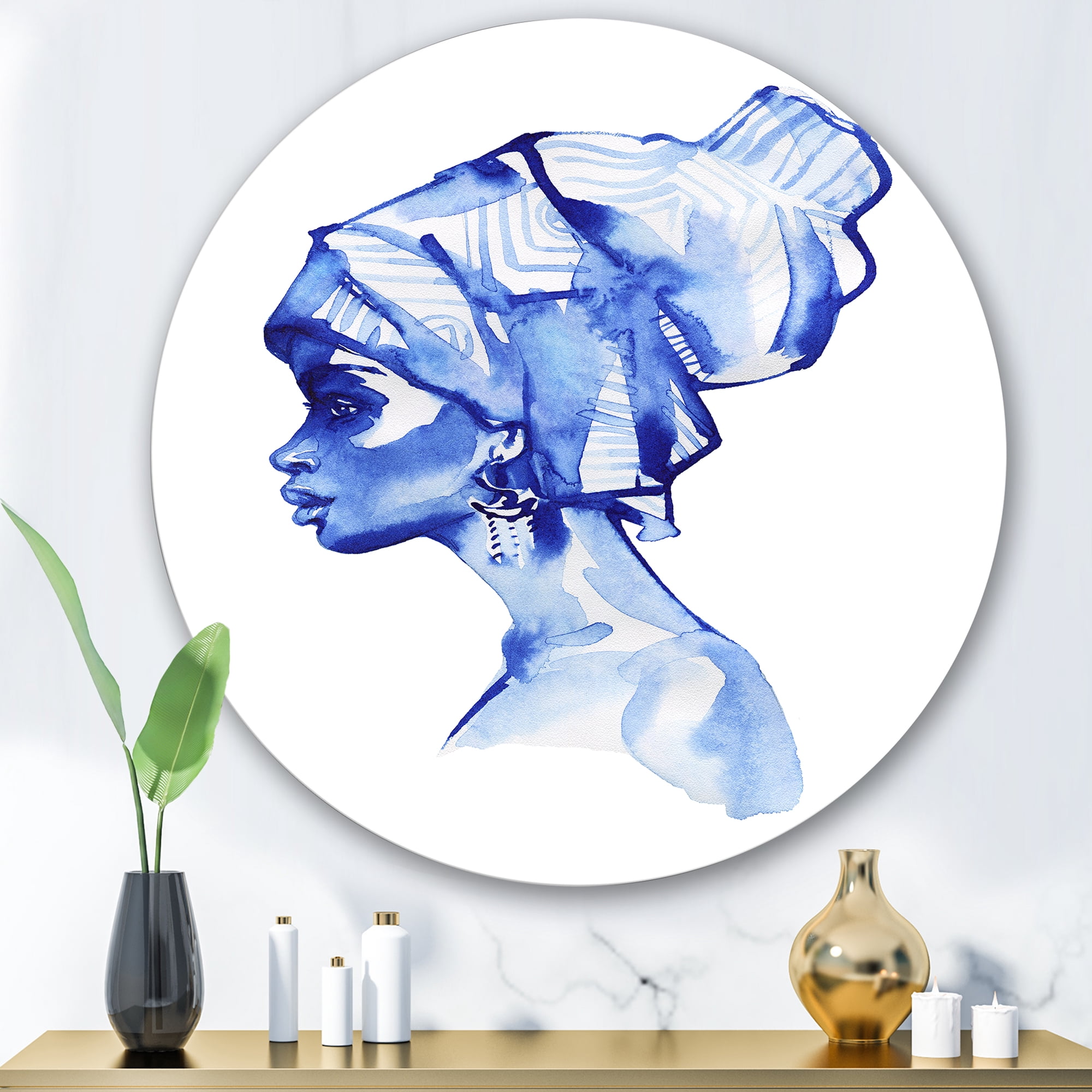 Designart 'Afro American Woman Blue Fashion Portrait' Modern Circle Metal Wall Art 36x36 - Disc of 36