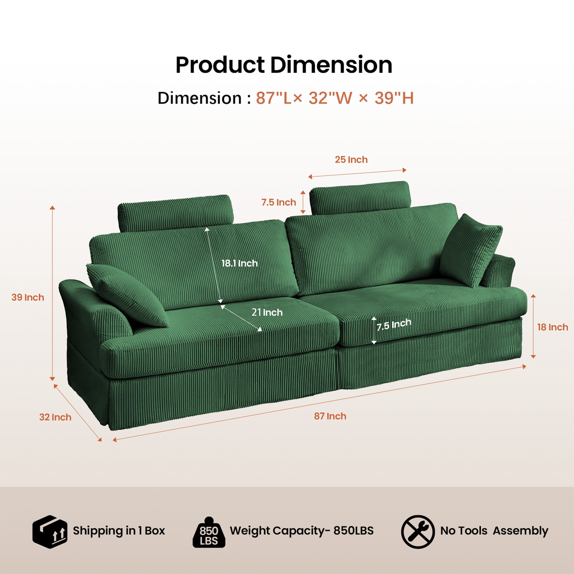 87" Cloud Comfy Sofa Couch with Deep Seat and Thick Cushion, Corduroy Upholstered Fabric Soft for Living Room Office, Green (Includes Headrest)