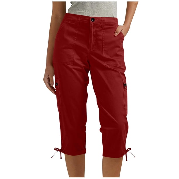 Pantalones de Cintura Elástica para Mujeres Color Sólido Ropa Casual Bolsillos de Longitud Completa Capris Mujeres Cintura Elástica Capris