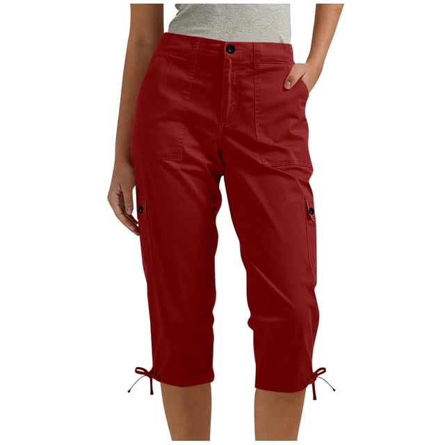 Pantalones de Cintura Elástica para Mujeres Color Sólido Ropa Casual Bolsillos de Longitud Completa Capris Mujeres Cintura Elástica Capris