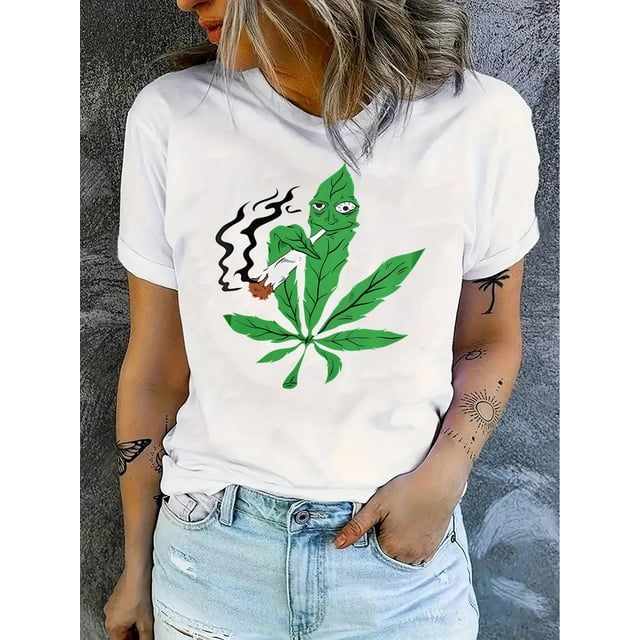Motif Feuille de Tabac Simple Imprimé Mode Femme Tendance Col Rond Manches Courtes, T-shirt de Sport Décontracté Simple, Haut d'Été Confortable Vêtements pour Femmes Fête des Pères, Fête des Mères, Nouvel An, Printemps