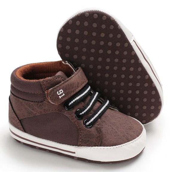 Xijirk Solid Patchwork High Top Baby Sneakers Adjustable Hook and Loop Anti Crib Shoes Brown,6