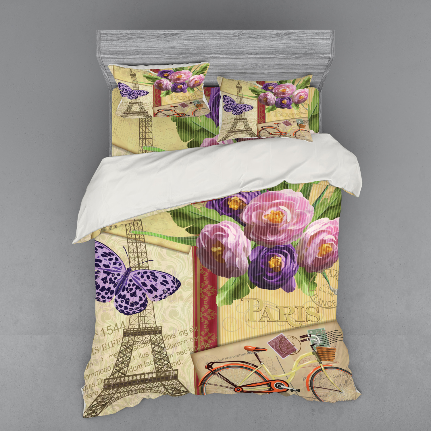 Paris Duvet Cover Set, Famous French Landmark Eiffel Tower Postcards
