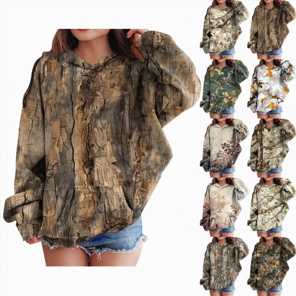 Xudanell Camo Hoodies For Teen Girls Oversized Long Sleeve Sweatshirt Hooded Cute Y2K Hoodie Teen Outfits 2-14 Years Coffee,Size 11-12 Years