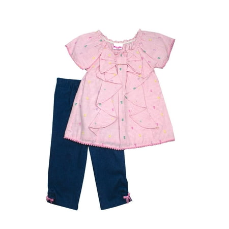 - Embroidered Woven Stripe Top and Capri Legging, 2-Piece Outfit Set (Little Girls)