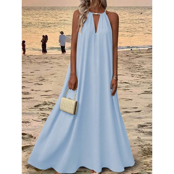 Mint Blue Solid Halter Neck Maxi Dress For Women Summer Beach Vacation Flowy Loose Long Dress
