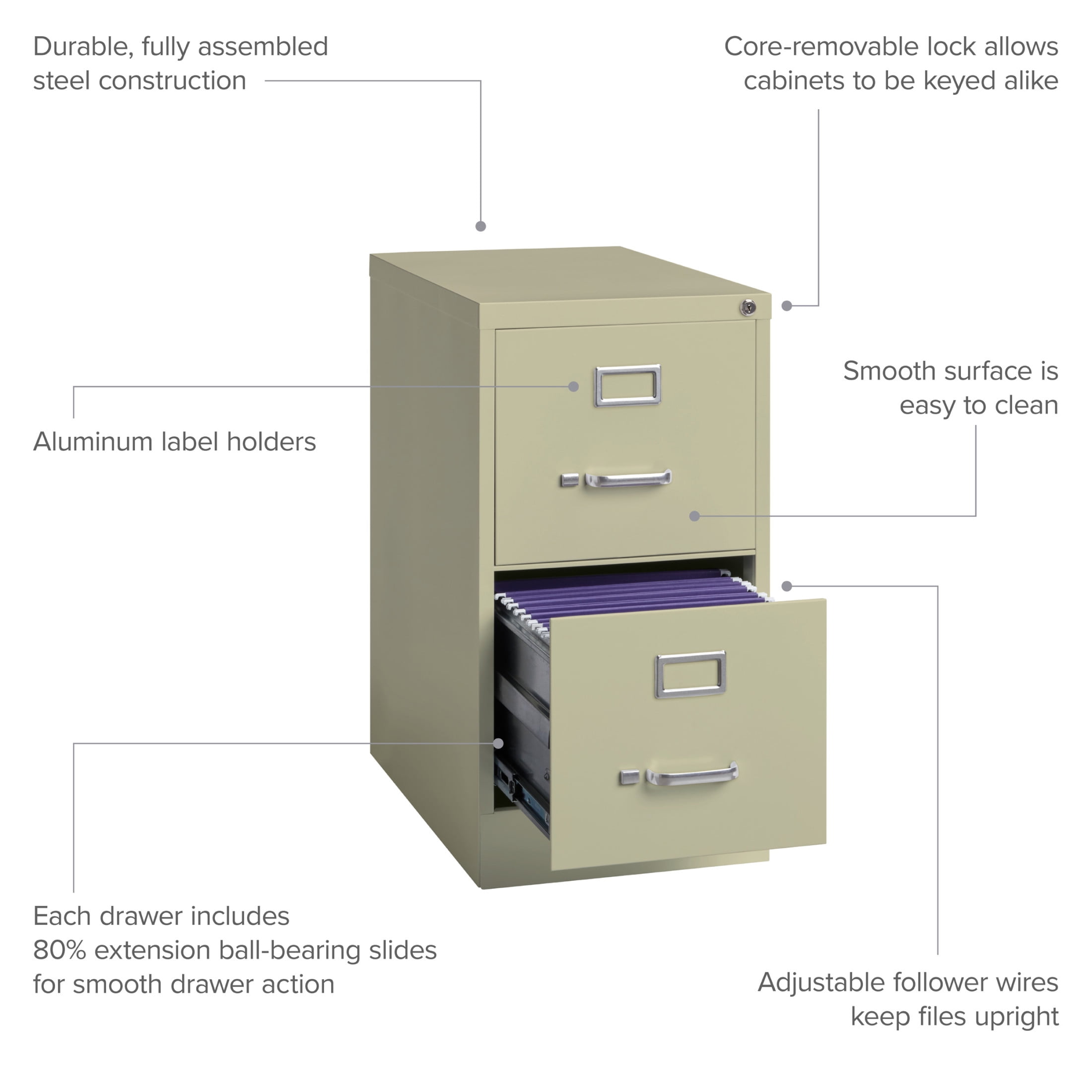 Hirsh 2 Drawer Letter Locking Metal Vertical File Cabinet, 22" Deep, Putty