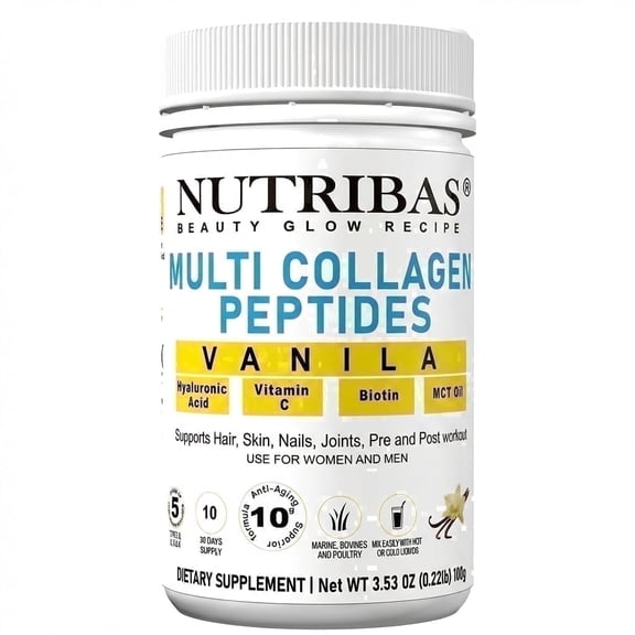 Nutribas Protein Multi Collagen Peptides Powder Whole Body Support Formula With MCT, Vitamin C, Biotin & Hyaluronic Acid , Vanilla, 4 oz