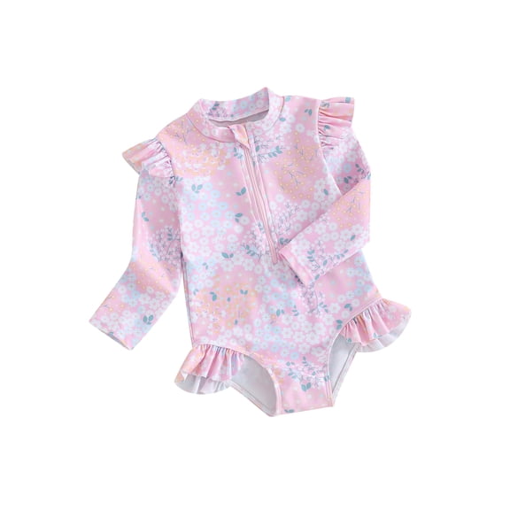 BemeyourBBs Toddler Baby Girl Floral Swimsuit Infant Girl Bathing Suit One Piece Swimsuits Long Sleeve Rash Guard Swimwear Zipper Summer Beach Wear