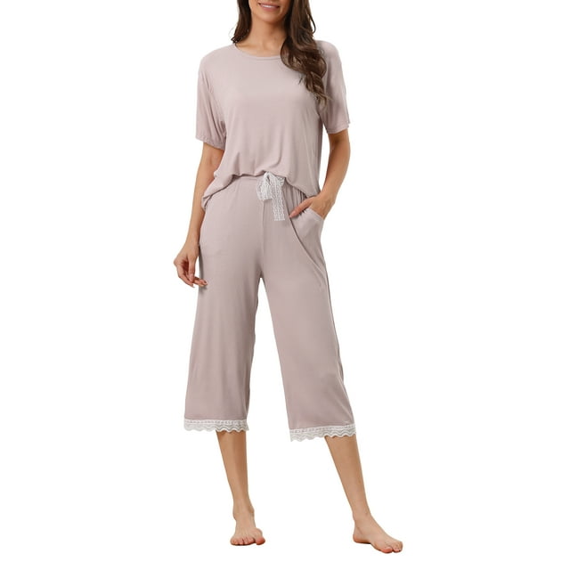 Conjunto de pijama para mujer INSPIRE CHIC, camisetas de manga corta con encaje y pantalones capri de modal, ropa de dormir para primavera y verano, talla M, rosa claro