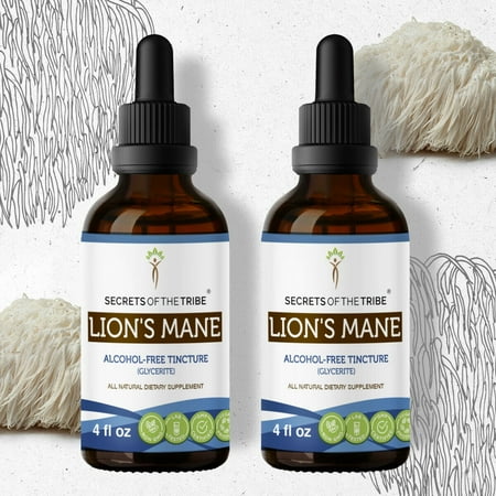 Secrets Of The Tribe Lion's Mane Tincture Dietary Supplement, Natural Herbal Extract for Cognitive Support, Lion's Mane (Hericium erinaceus) Dried Mushroom, Alcohol-Free Extract, Drops 2x4 oz