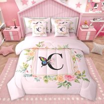 Homewish Rose Initial C Letter Twin Bedding Sets 7-Piece, Kawaii Cartoon Butterfly Bedding Comforter Set, Teens Kids Girls Women Reversible Sheet Sets, Luxury Bedroom Decor