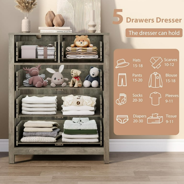 Garvee Grey 5-Drawer Dresser for Bedroom, Modern Tall Dresser Organizer  with Storage Drawers, Sturdy Wooden Chest for Entryway, Hallway, Home  Office