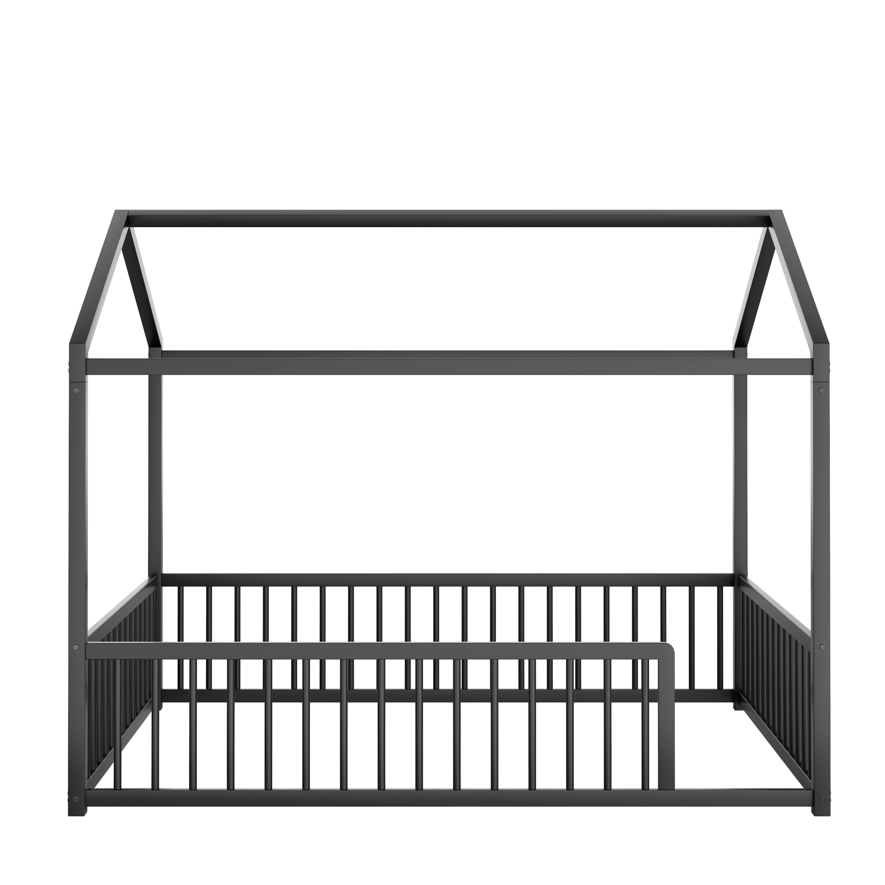 Euroco Metal Full Size Canopy Bed, Low Profile House Bed with Guardrails, Black