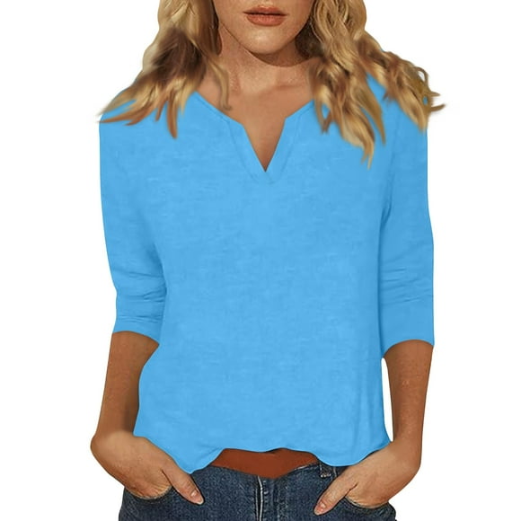 DENGDENG Womens 3/4 Sleeve Tops Plus Size 3X Cotton V-Neck Elbow Sleeve Basic Tees Work Summer Casual Tunic Tops Dressy Three Quarter Length Shirts Trendy Petite Clothes Cyan 3XL