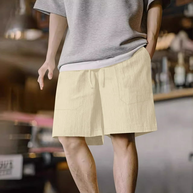 pstuiky Pantalones cortos para hombre, Pantalones cortos casuales y modernos de verano para hombre con cintura elástica y cordón de color sólido Pantalones cortos cargo
