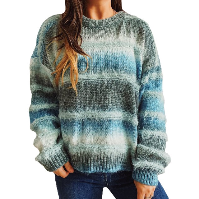 Avamo Chandails pour Femmes Manches Longues Tricotés Chandails d'Hiver Chauds Chandail Ample Bleu G
