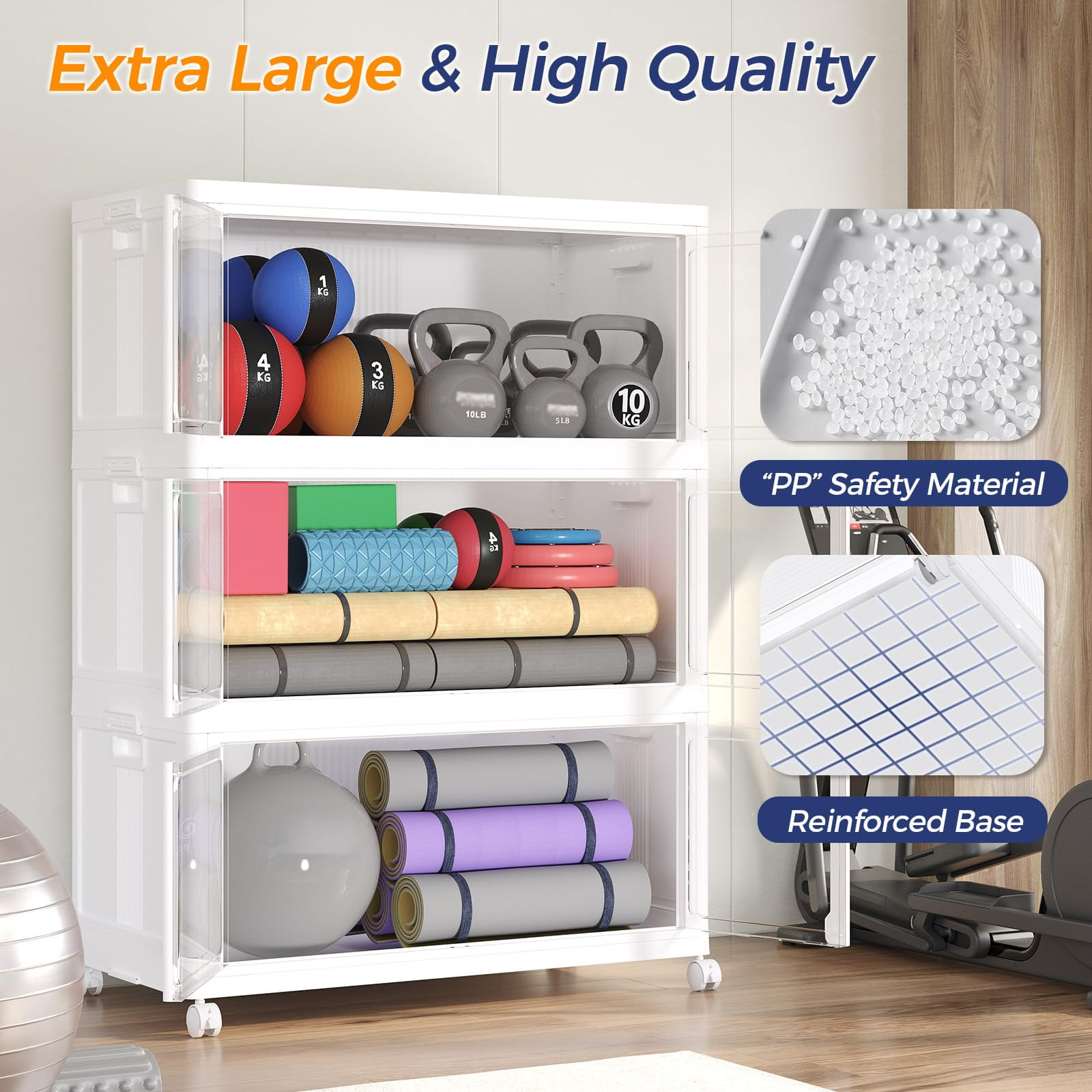 Fangtueh Large Stackable Storage Bins with Lid and Wheels,  Collapsible Foldable Box Closet Organizers, Folding Plastic Cabinet Cube Drawer for Kitchen Bedroom Living Room,White,50Gal-3Pack