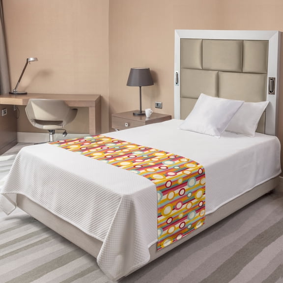 Retro Bed Runner, Pattern with Irregular Stripes and Circles in Paintbrush Style, Decorative Accent Bedding Scarf for Hotels Homes and Guestrooms, Twin, Multicolor, by Ambesonne