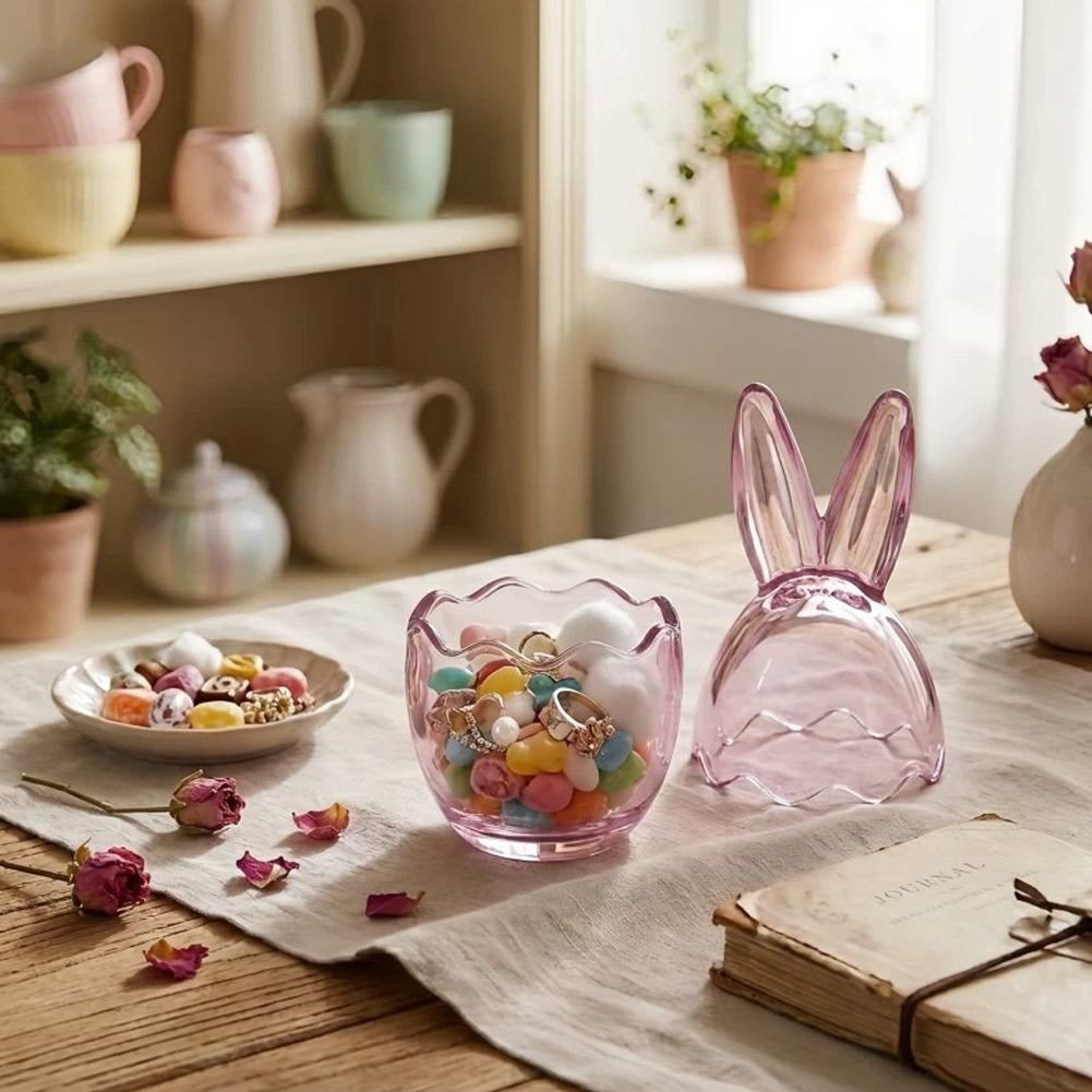 2 Pcs Easter Bunny Ears Glass Candy Jar - Clear Egg Shaped Storage Jars with Removable Lids, Decorative Food Container for Party Treats, Candles & Home Pantry Organization