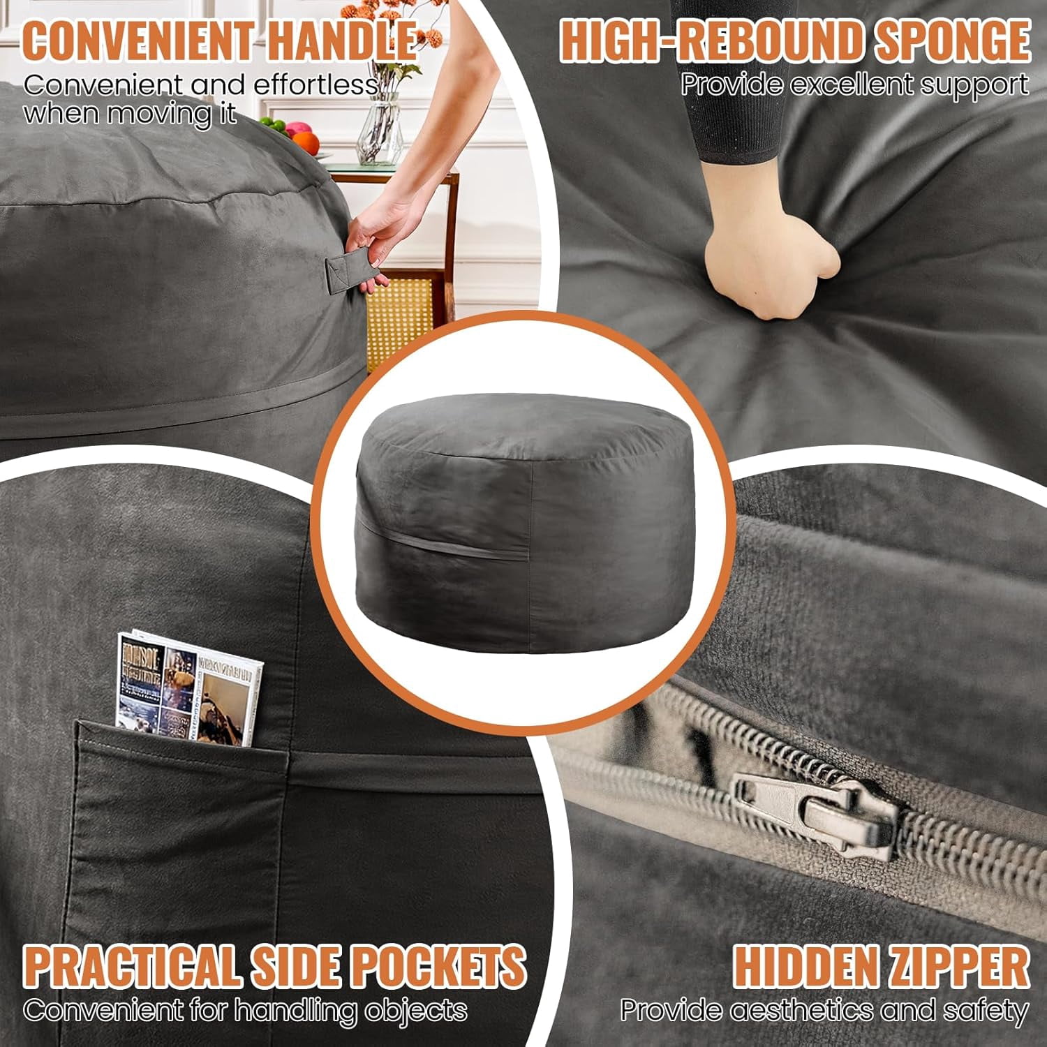 Baxluxe 4FT Bean Bag Chair: Bean Bag with Velvet Cover, Fluffy and Comfy Bean Bag Chairs for Adults and Kids, Bean Bag Sofa Filled with High-Density Sponge for Gaming (Grey)