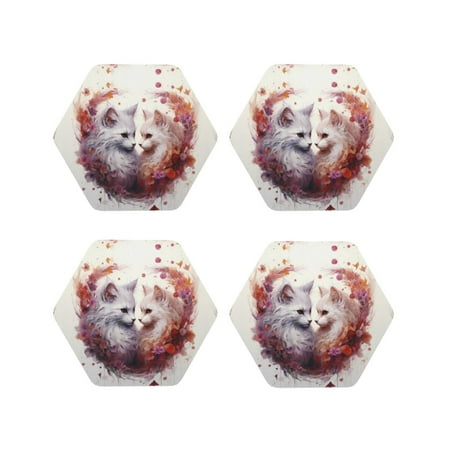 

Leather Coasters Set of 4 - White Red Cat Couple Lightweight Non-Slip Drink Coasters for Desk Anti-Scalding Desk Cup Coasters for Office Table Decor Hexagon