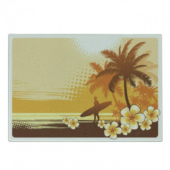 Surf Cutting Board, Silhouette of Surfer and Tropical Landscape Free Your Mind Illustration, Decorative Tempered Glass Cutting and Serving Board, Small Size, Yellow Brown Orange, by Ambesonne