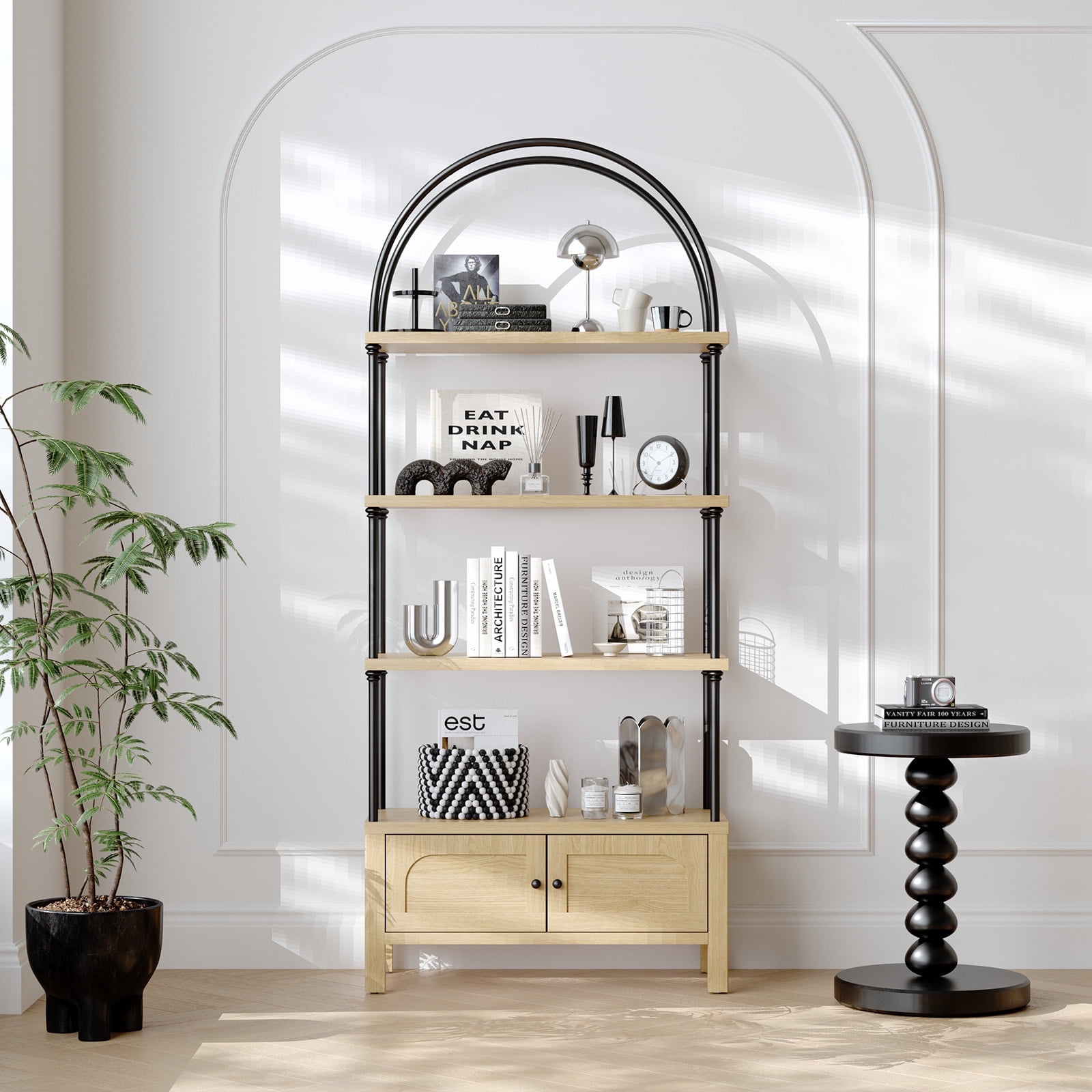 Furnibear Arched Bookshelf with Door 72 Inches Tall 5 Tier Storage Shelf with Cabinet,Modern Open Bookcase for Living Room or Home Office,Brown