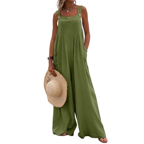 Chouyatou Solid Bib Pants Overalls Loose Baggy Wide Leg Long Pants Beach Jumpsuits Rompers for Women with Pockets Army Green M