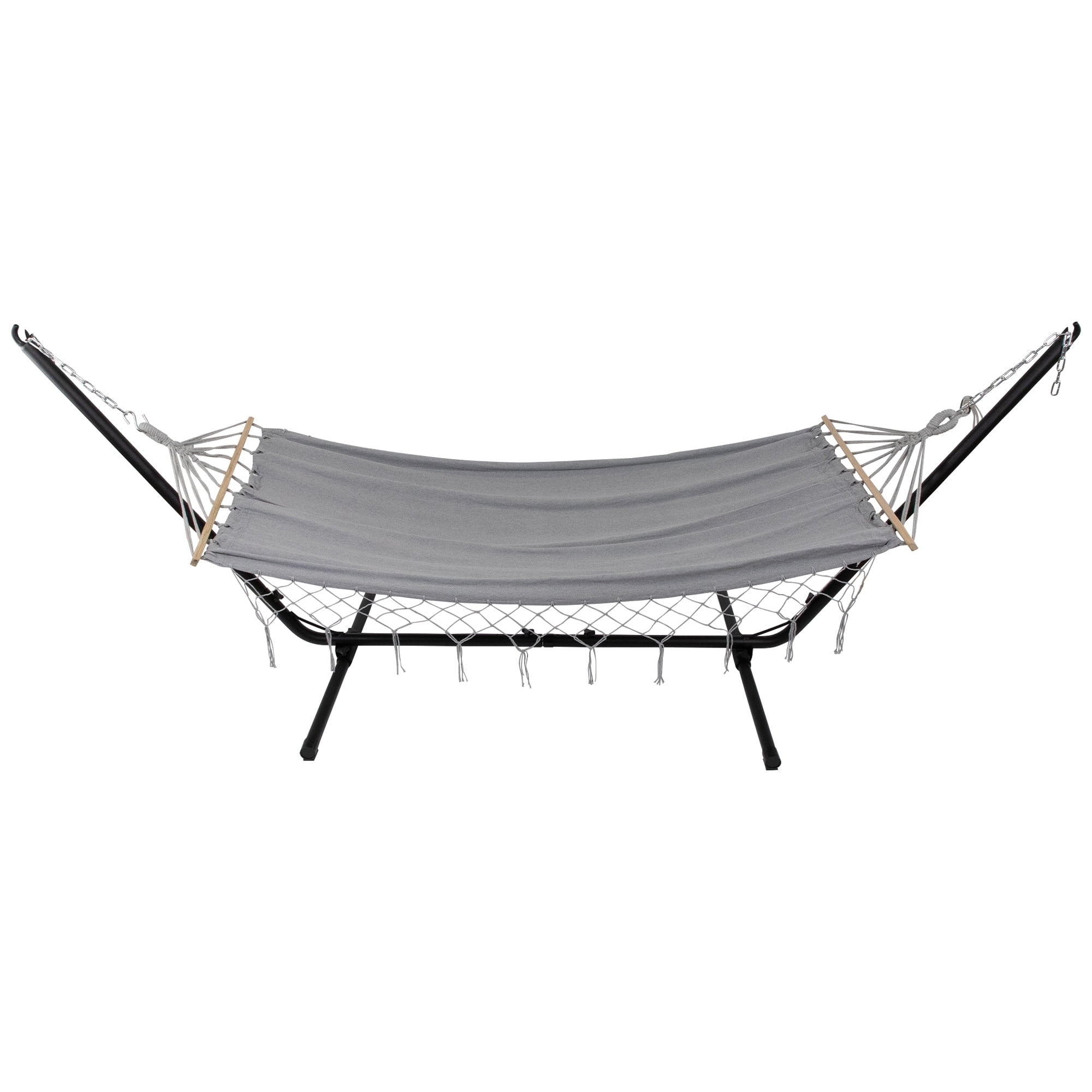 Northlight Hammock with Netted Fringe and Wooden Bars - 100" x 41" - Gray