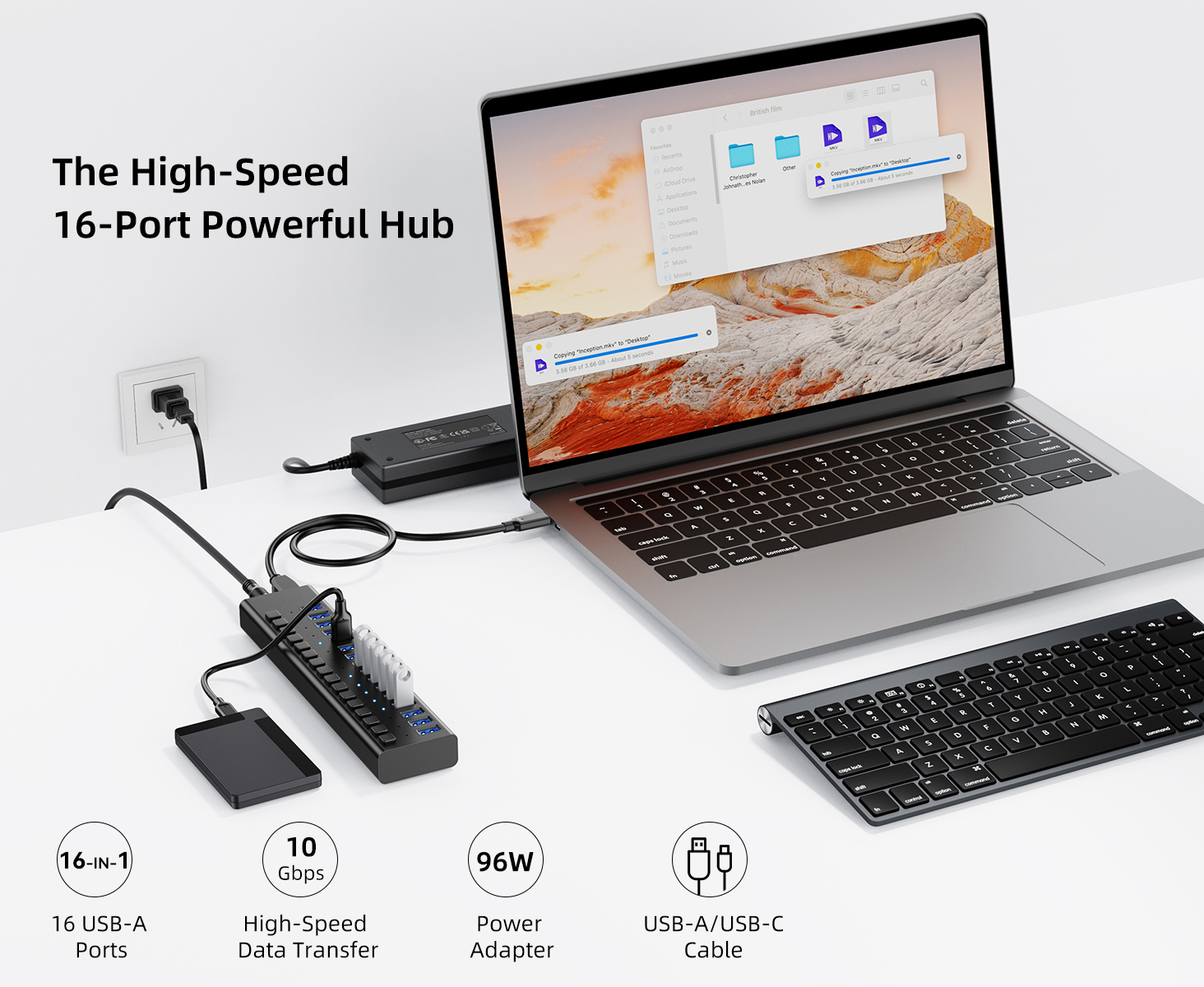 AUBEAMTO  16-Port Powered USB3.0 Hub, USB3.0 Hub [Durable Aluminum] 16Data Transfer Ports+ 4 Smart Charging Ports with Individual On/Off Switches, USB Hub 3.0 Powered with Power Adapter for Laptop PC