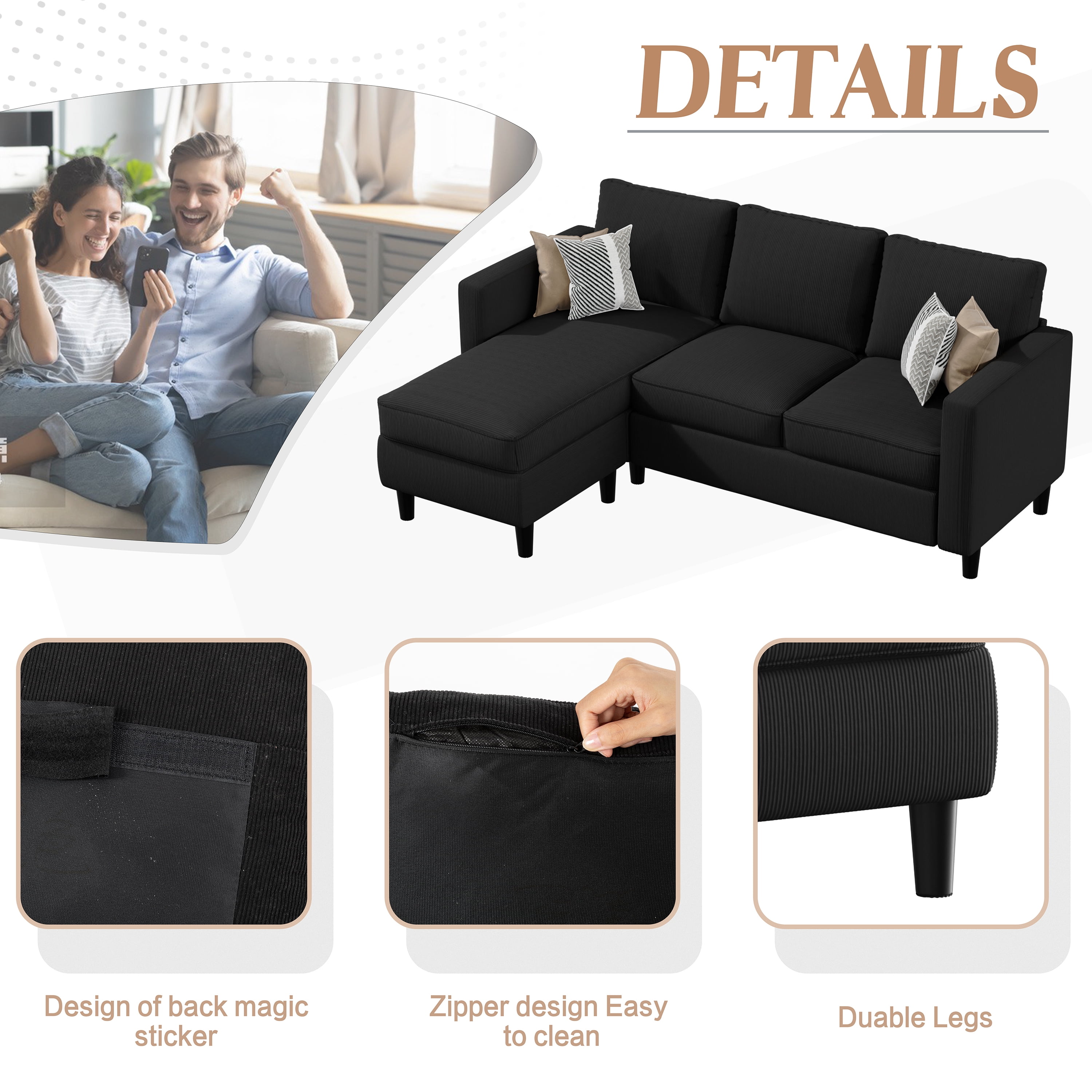 Walsunny 73.6" Convertible Sectional Sofa Couch, L-Shaped 3-Seat Sofa Couch with Reversible Chaise for Small Space,Black