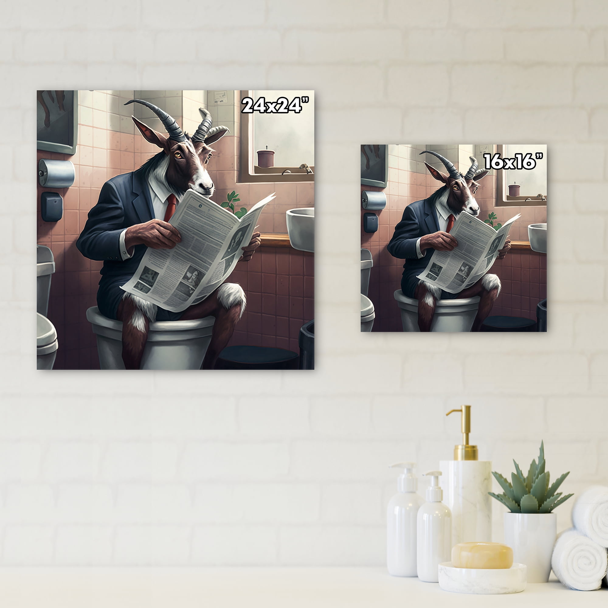 Designart Goat On Toilet Reading News Canvas Wall Art