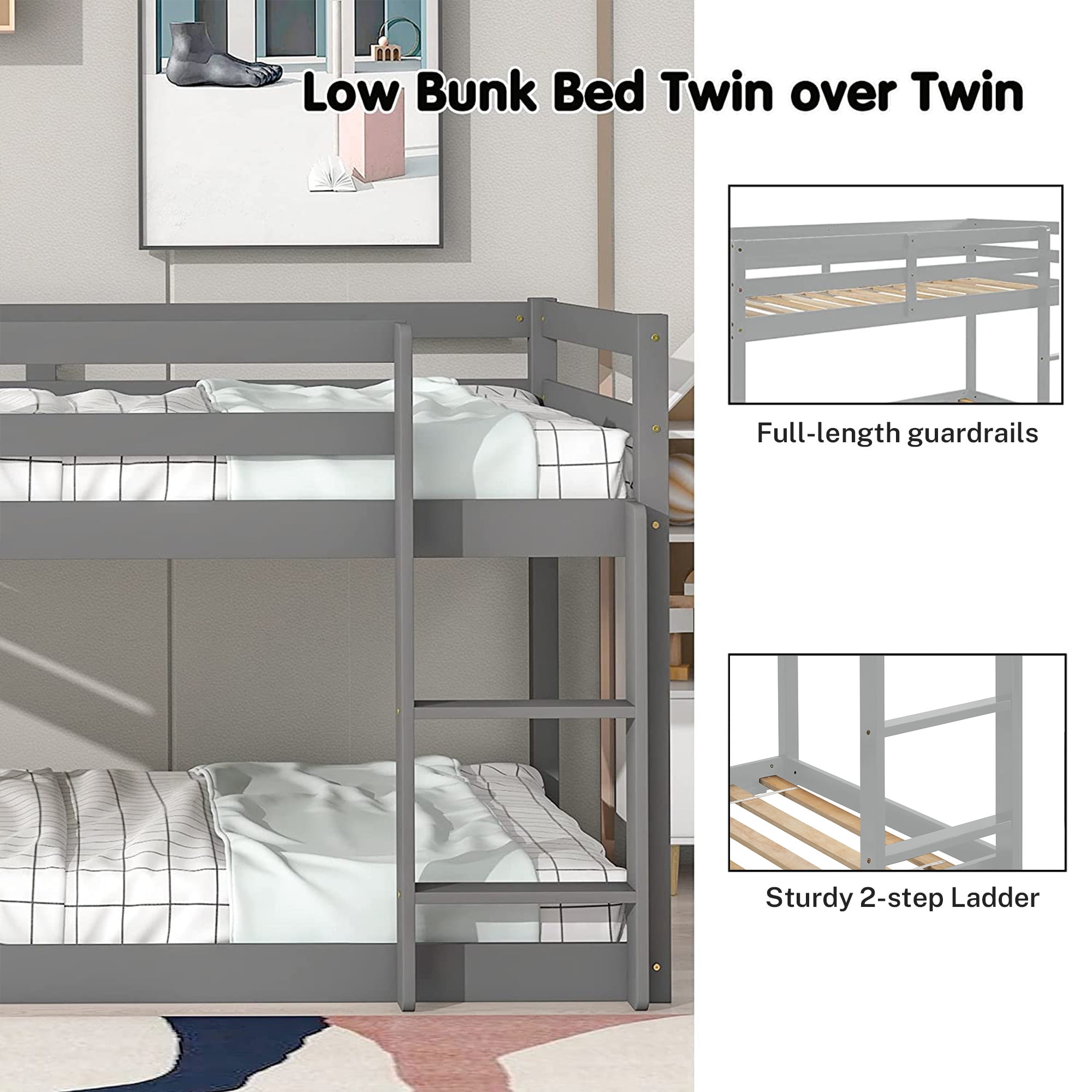 PORKISS Bunk Beds for Kids, Twin over Twin Floor Bunk Bed with Safety Rail and Ladder, Solid Wood Low Bunk Bed Frame for Boys Girls, No Box Spring Needed, Gray