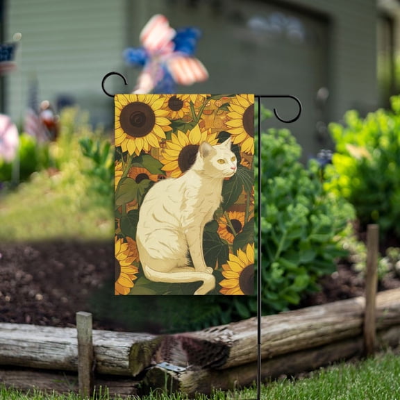 White Cat Sunflowers Garden Flag Double Sided Outdoor Banners for Courtyard Outdoor Lawn Farmhouse Holiday Decorations