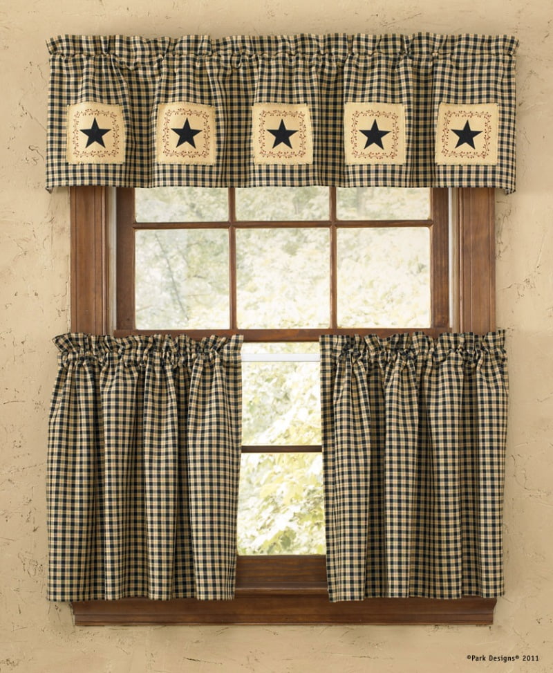 36" L Country Check Window Tier Set Black Star Patch Scalloped Hem Cotton Lined 