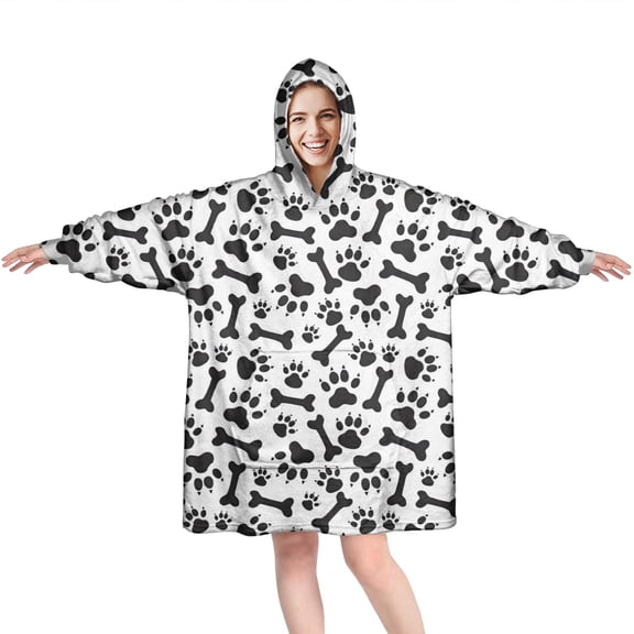Paw Prints and Bones Wearable Oversized Blanket,Wearable Blanket Hoodie for Adults,Cozy Hooded Blankets with Super Pockets,Super Warm Fuzzy Pullover for Women & Men