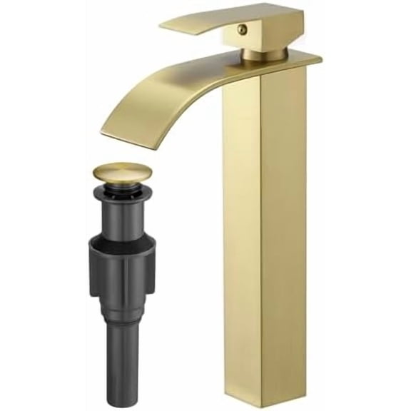 Tall Brushed Gold Bathroom Faucet with Pop Up Drain Modern Single Handle One Hole Bathroom Vessel Sink Faucet Waterfall Spout Rv Lavatory Vanity Faucet Deck Mount Mixer Tap, Stainless Steel