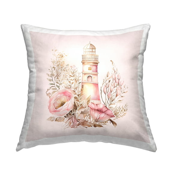 Stupell Industries Pink Floral Lighthouse Decorative Printed Throw Pillow, 18 x 18