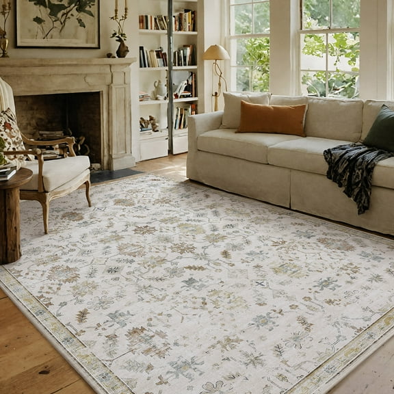 PABUBE Vintage Area Rug for Living Room 8'x10', Machine Washable Retro Boho Rugs Non Slips Bedroom Rugs Large Low Pile Carpet for Dining Room Home Office