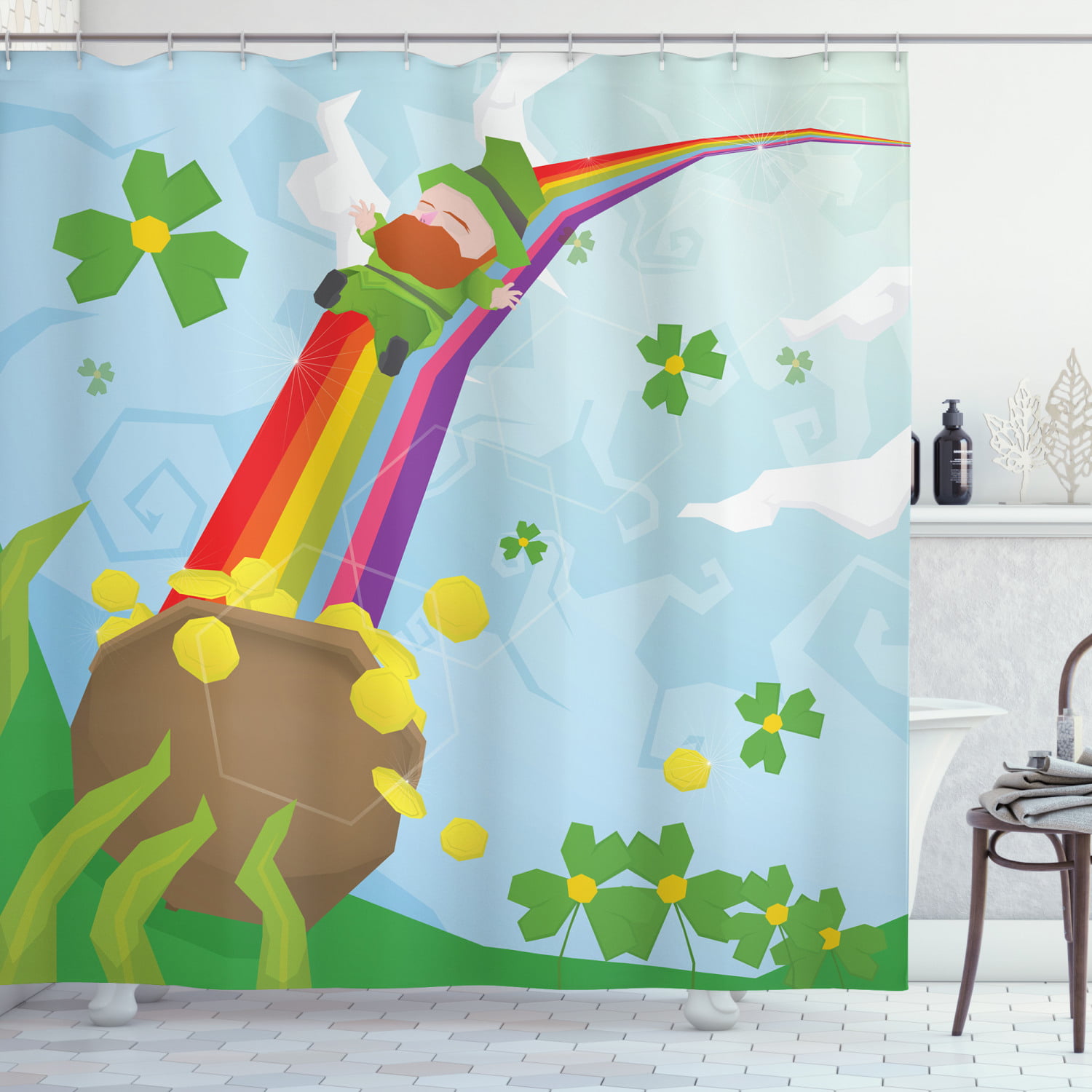 71" St Patrick's Day Green Clover Pub Fabric Shower Curtain Set Bathroom Decor 