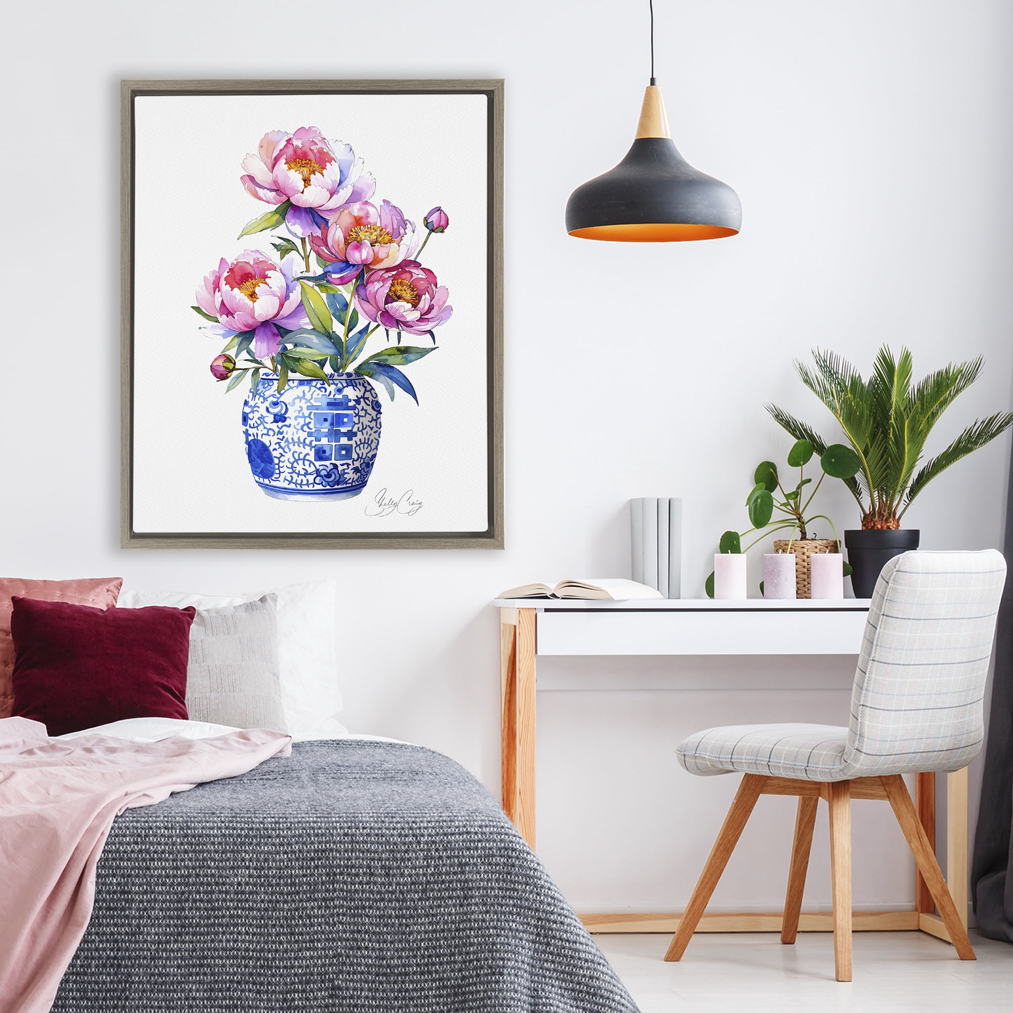 Stupell Industries Blue Dynasty Blooms Brown Framed Floater Canvas Wall Art, design by Shelly Craig